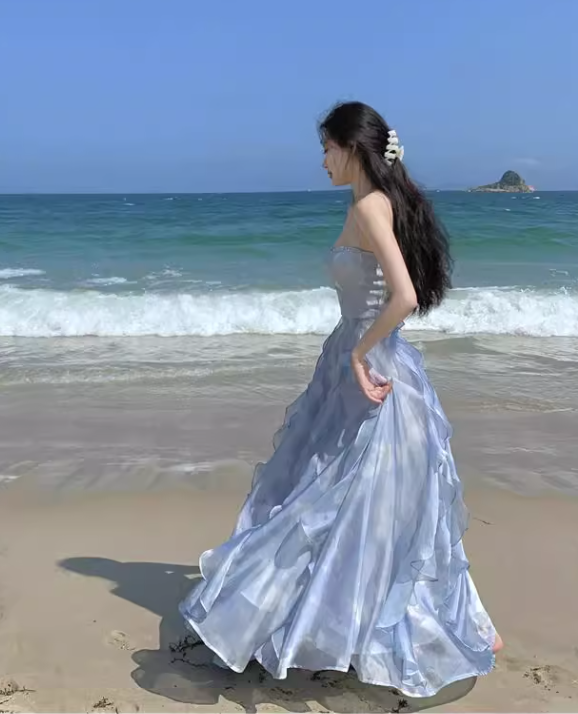 Simple Floral Design A-Line Chiffon Beach Holiday Halter Dress TP3030
