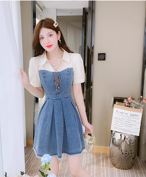 New Simple Fashion Short Sleeves Design A-Line Denim Dress TP3035