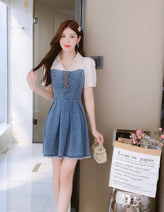 New Simple Fashion Short Sleeves Design A-Line Denim Dress TP3035