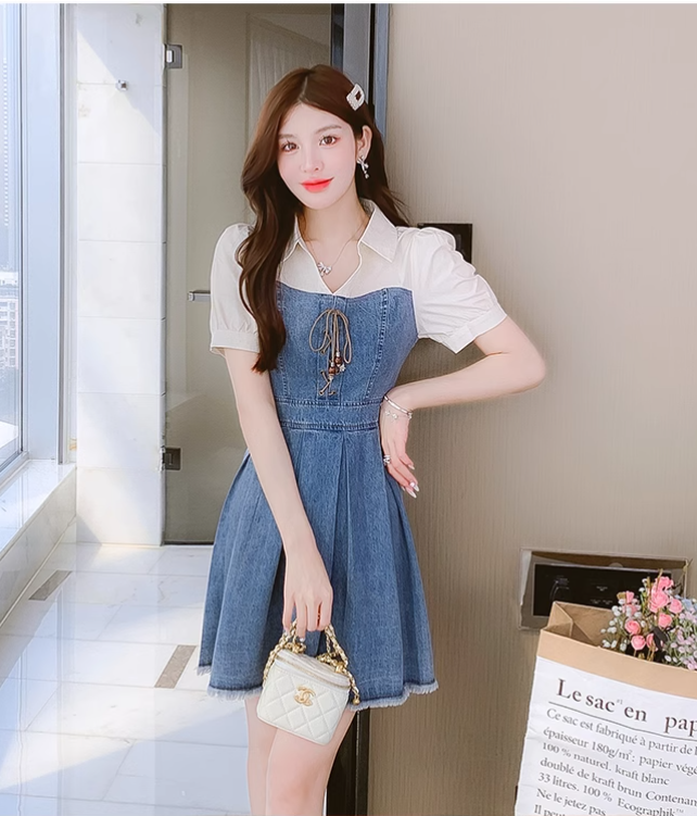 New Simple Fashion Short Sleeves Design A-Line Denim Dress TP3035