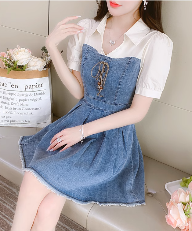 New Simple Fashion Short Sleeves Design A-Line Denim Dress TP3035