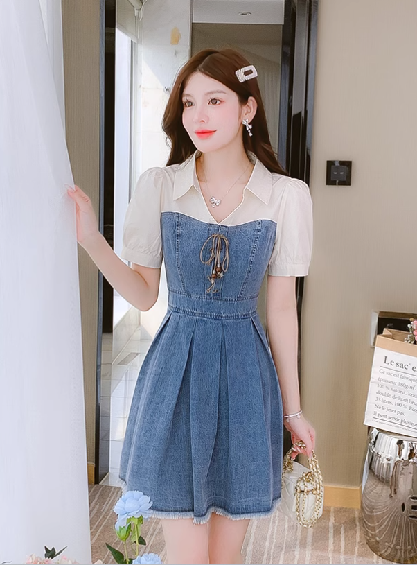 New Simple Fashion Short Sleeves Design A-Line Denim Dress TP3035