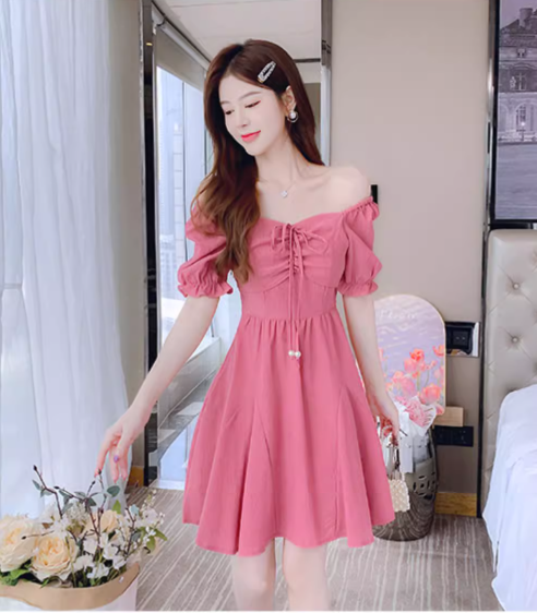 New Fashion Short Sleeves Rose Pink Design A-Line Dress TP3036