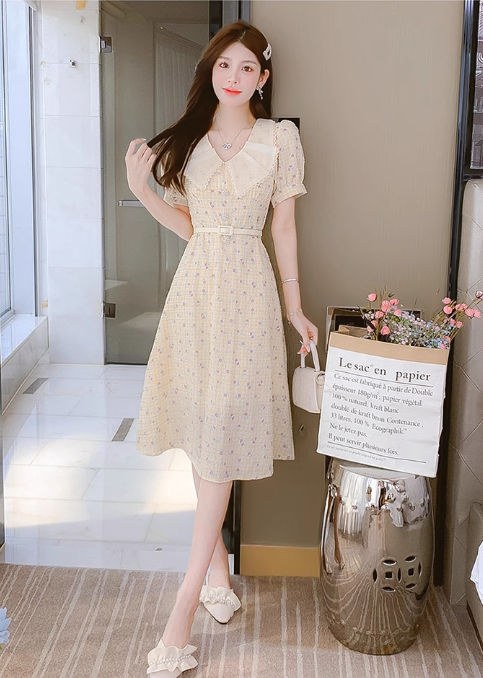 New Simple Short Sleeves Floral Design A-Line Dress TP3040