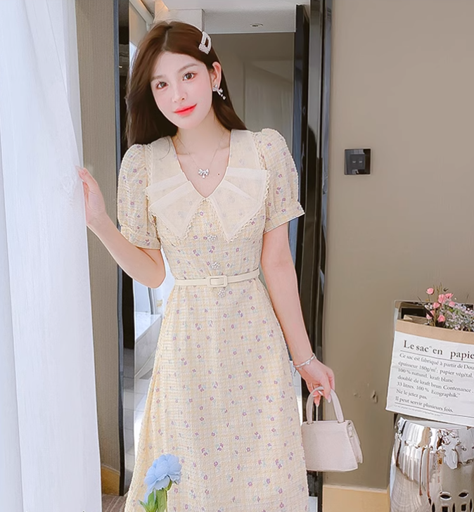New Simple Short Sleeves Floral Design A-Line Dress TP3040