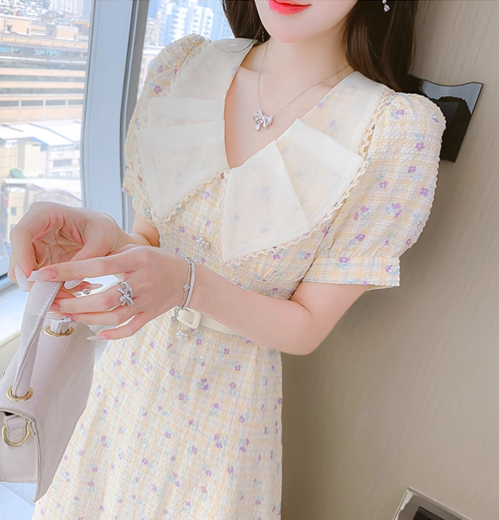 New Simple Short Sleeves Floral Design A-Line Dress TP3040