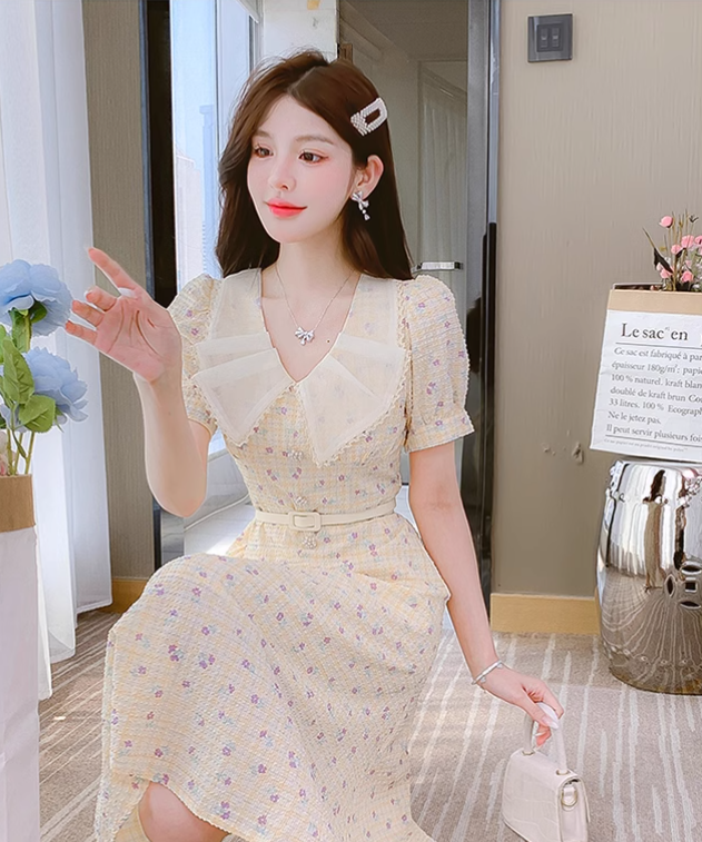 New Simple Short Sleeves Floral Design A-Line Dress TP3040