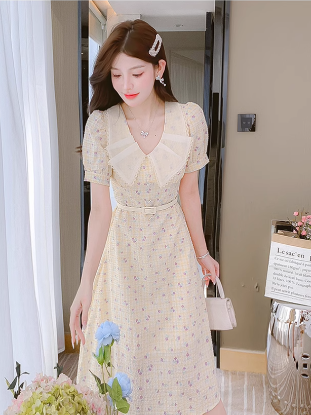 New Simple Short Sleeves Floral Design A-Line Dress TP3040