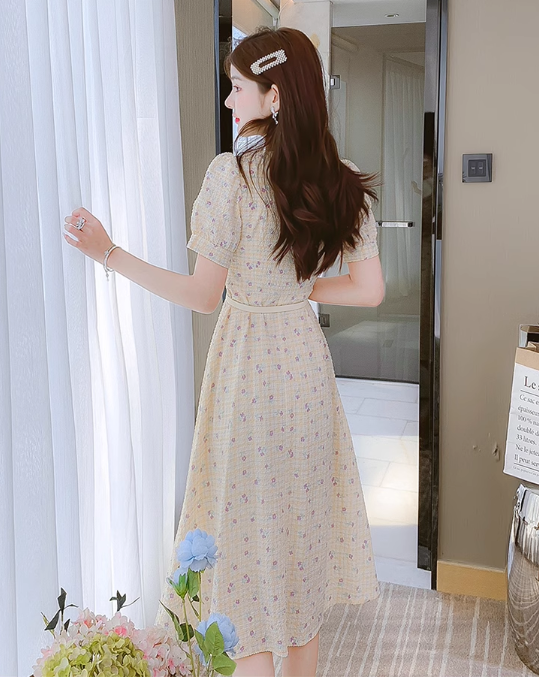 New Simple Short Sleeves Floral Design A-Line Dress TP3040