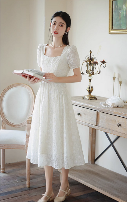 New Simple Fashion Short Puffy Sleeves Floral Design A-Line Dress TP3041