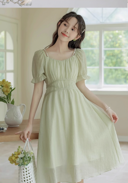 New Simple Fashion Green Short Sleeve Design A-Line Long Dress TP3044