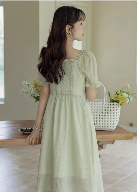 New Simple Fashion Green Short Sleeve Design A-Line Long Dress TP3044