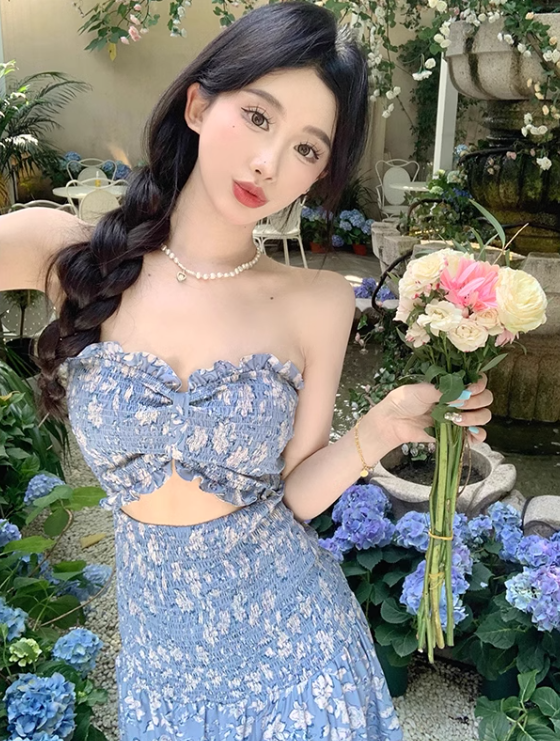 New Fashion Blue Floaral Design A-Line Spaghetti Strap Dress TP3045