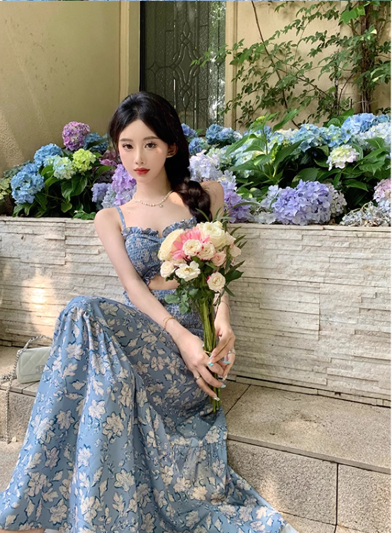 New Fashion Blue Floaral Design A-Line Spaghetti Strap Dress TP3045