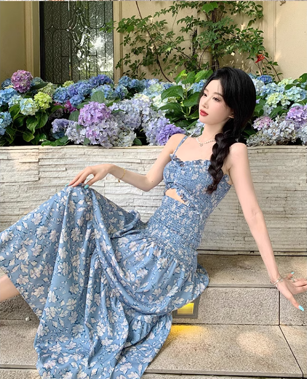 New Fashion Blue Floaral Design A-Line Spaghetti Strap Dress TP3045
