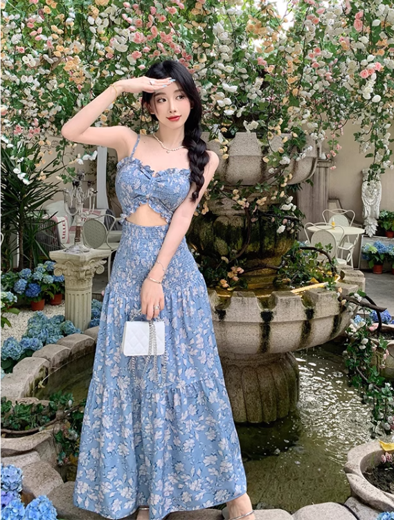 New Fashion Blue Floaral Design A-Line Spaghetti Strap Dress TP3045