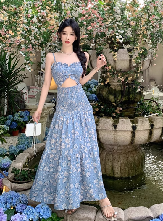 New Fashion Blue Floaral Design A-Line Spaghetti Strap Dress TP3045