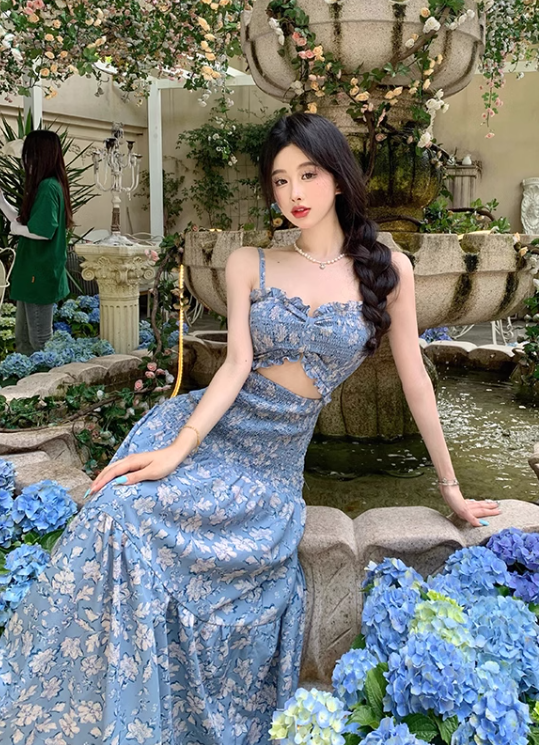 New Fashion Blue Floaral Design A-Line Spaghetti Strap Dress TP3045