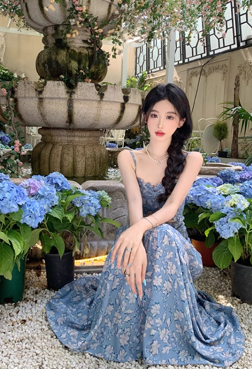 New Fashion Blue Floaral Design A-Line Spaghetti Strap Dress TP3045