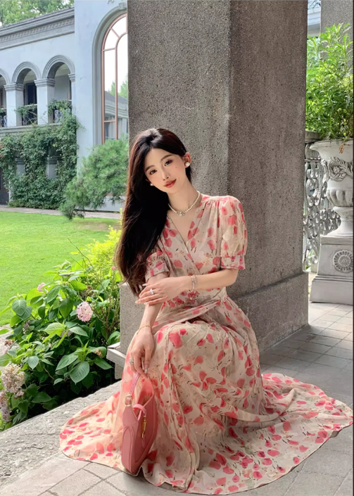 New Fashion Pink Floral Design Short Sleeves V-neck A-Line Women Long Dress TP3046