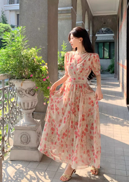 New Fashion Pink Floral Design Short Sleeves V-neck A-Line Women Long Dress TP3046