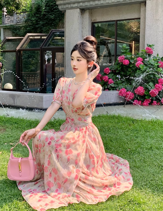 New Fashion Pink Floral Design Short Sleeves V-neck A-Line Women Long Dress TP3046