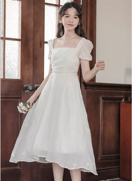New Fashion Simple Creamy White Short Sleeves Design Women Long Dress TP3050