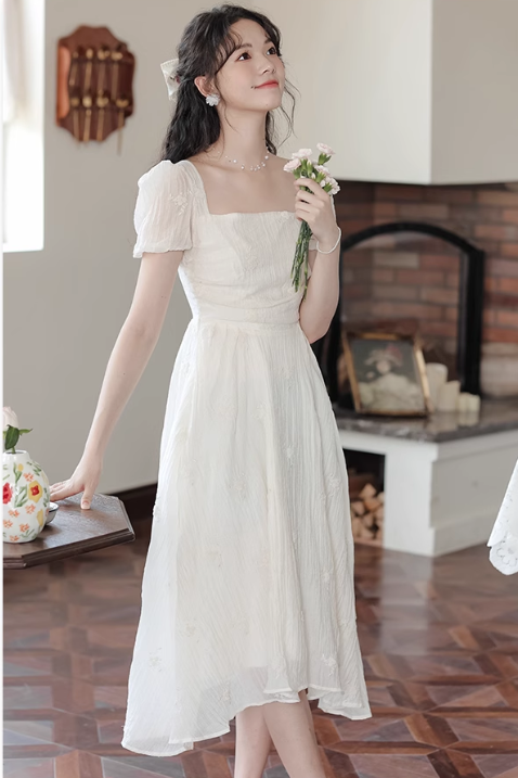 New Fashion Simple Creamy White Short Sleeves Design Women Long Dress TP3050