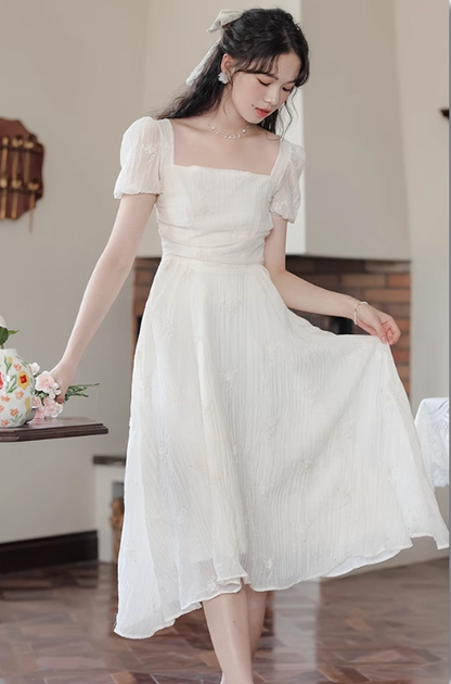 New Fashion Simple Creamy White Short Sleeves Design Women Long Dress TP3050