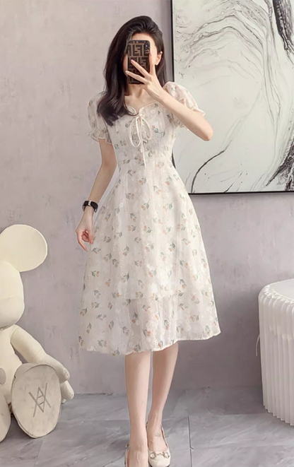 New Fashion Simple Floral Short Sleeves Design Women Slim Dress TP3051