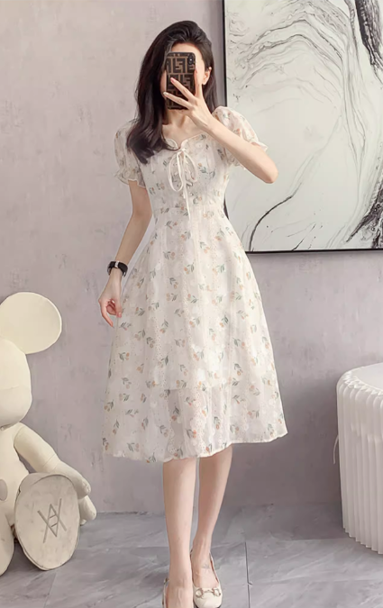 New Fashion Simple Floral Short Sleeves Design Women Slim Dress TP3051