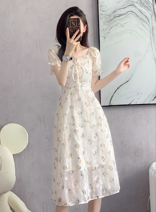 New Fashion Simple Floral Short Sleeves Design Women Slim Dress TP3051