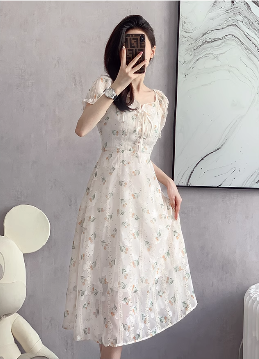 New Fashion Simple Floral Short Sleeves Design Women Slim Dress TP3051