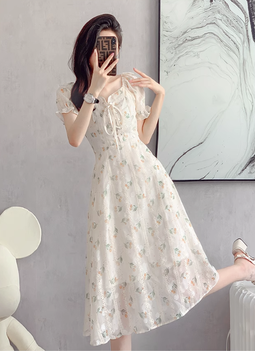 New Fashion Simple Floral Short Sleeves Design Women Slim Dress TP3051