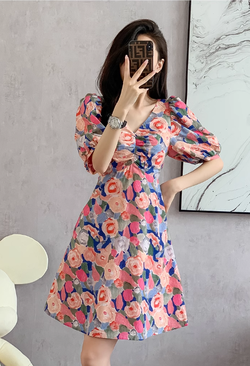 New Fashion Simple Floral Short Sleeves Design V-neck Slim Dress TP3052