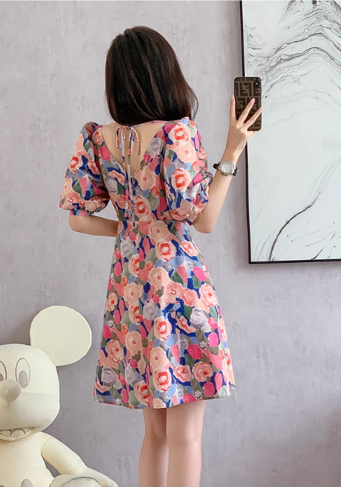 New Fashion Simple Floral Short Sleeves Design V-neck Slim Dress TP3052