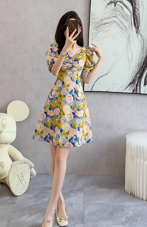 New Fashion Simple Floral Short Sleeves Design V-neck Slim Dress TP3052