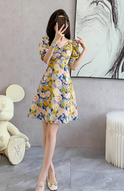New Fashion Simple Floral Short Sleeves Design V-neck Slim Dress TP3052
