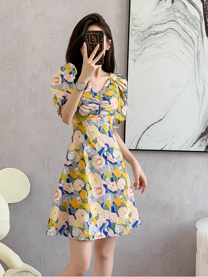 New Fashion Simple Floral Short Sleeves Design V-neck Slim Dress TP3052