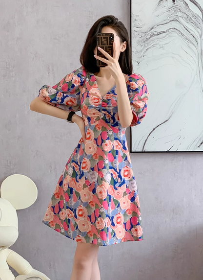 New Fashion Simple Floral Short Sleeves Design V-neck Slim Dress TP3052