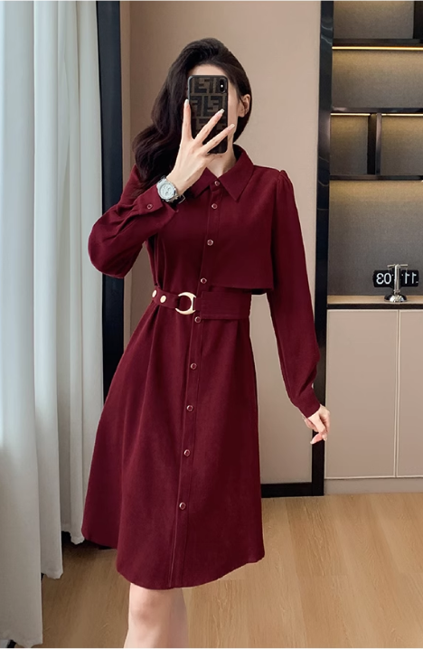 Simple Fashion Red Belt Elegant Design Women Long-sleeved Dress TP3054
