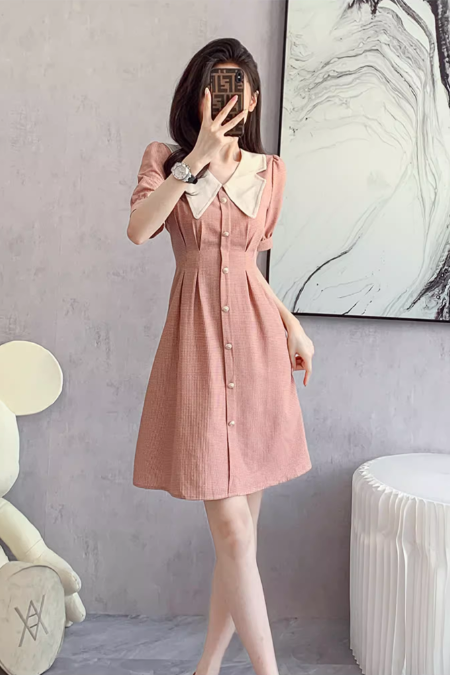 Vintage Simple Pink Plaid Elegant Design Short Sleeves Women Dress TP3055
