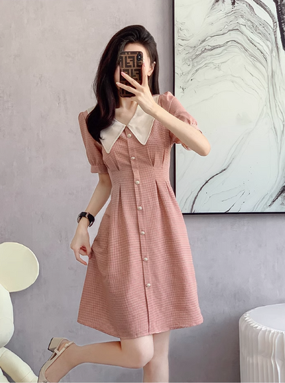 Vintage Simple Pink Plaid Elegant Design Short Sleeves Women Dress TP3055