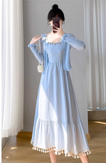 New Simple Elegant Cardigan Design Spaghetti Strap Dress TP3060