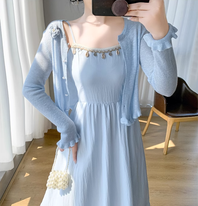 New Simple Elegant Cardigan Design Spaghetti Strap Dress TP3060