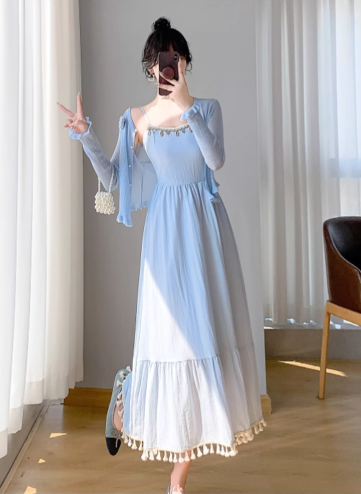 New Simple Elegant Cardigan Design Spaghetti Strap Dress TP3060