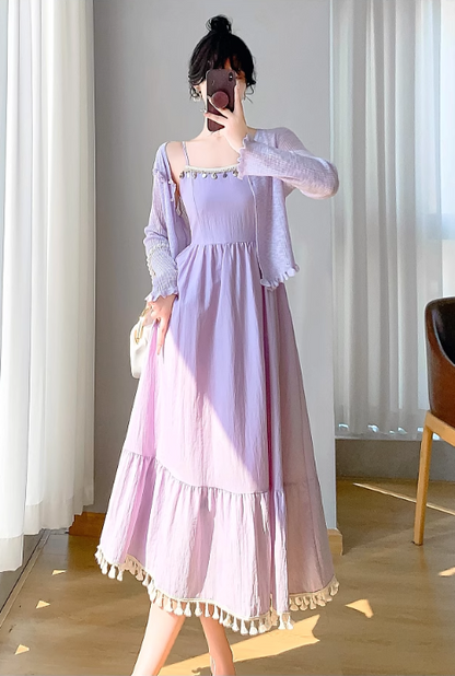 New Simple Elegant Cardigan Design Spaghetti Strap Dress TP3060