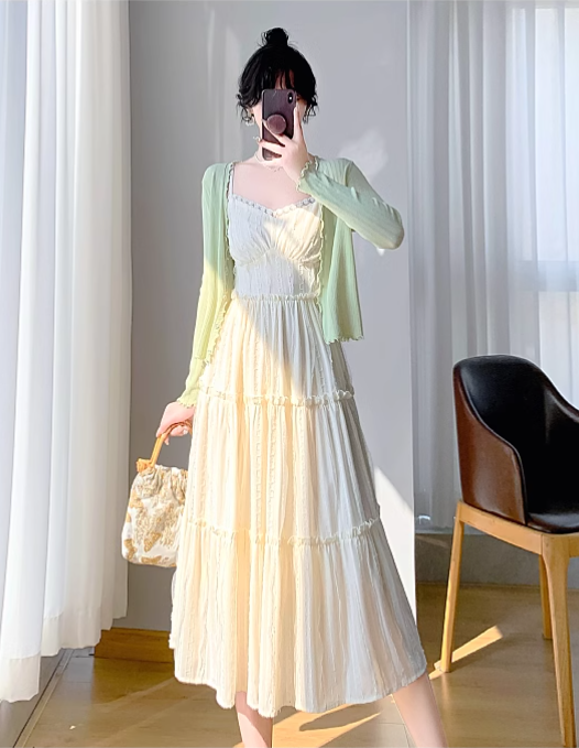 New Simple Elegant Cake Lace Design Cardigan Spaghetti Strap Dress TP3061