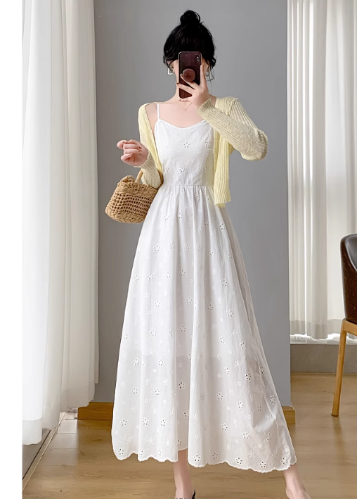 New Simple Elegant Cake Lace Design Cardigan Spaghetti Strap Dress TP3062