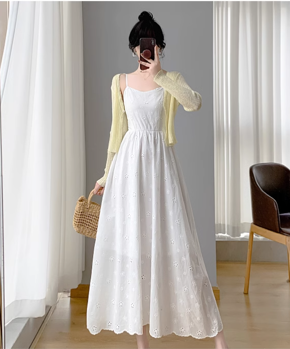 New Simple Elegant Cake Lace Design Cardigan Spaghetti Strap Dress TP3062
